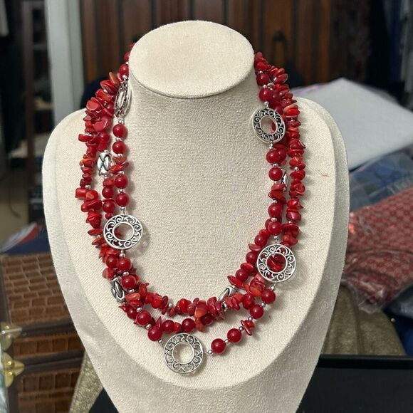 Premier Designs Beaded Necklace Red And Silvertone Triple Strand Adjustable - Picture 6 of 6